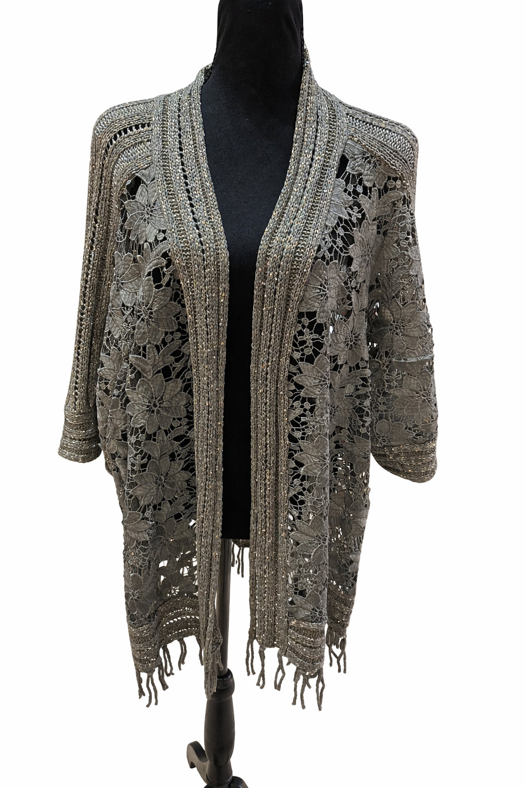 Cardigan Canda Premium, tip kimono gri verzui, XL, din dantelă florală S001274