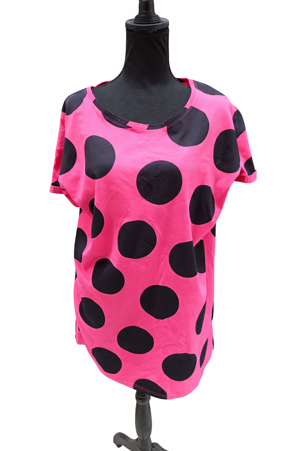 Bluză damă Beloved, roz intens cu buline negre, XL, cu mânecă scurtă S001275