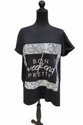 Tricou damă Beloved, negru, XXL, cu imprimeu „Bon Weekend Pretty” S001276