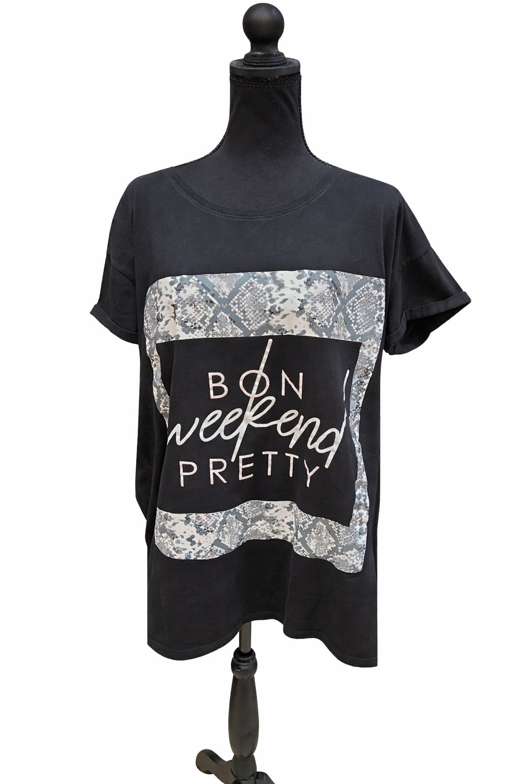 Tricou damă Beloved, negru, XXL, cu imprimeu „Bon Weekend Pretty” S001276