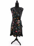 Rochie damă Wrap Dress, neagră, M, cu imprimeu floral multicolor S001312