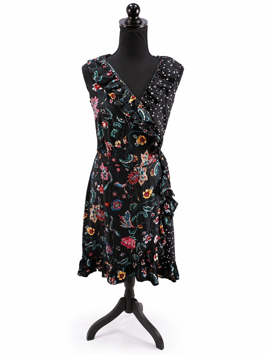 Rochie damă Wrap Dress, neagră, M, cu imprimeu floral multicolor S001312