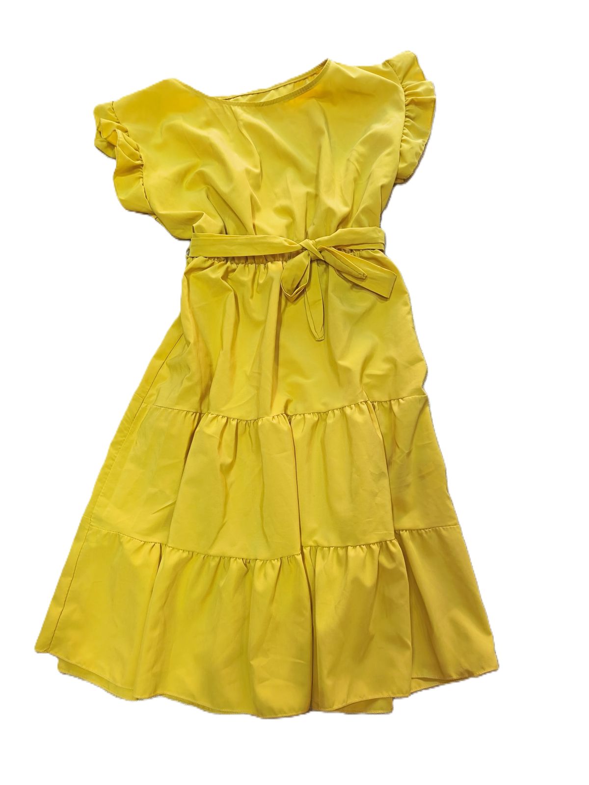 Rochie galbenă de damă,  XS/S, cu mâneci scurte tip volănaș și cordon în talie S001307