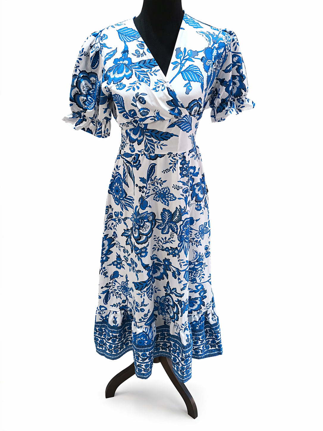 Rochie midi alb-albastră cu imprimeu floral, S, cu decolteu în V  S001306