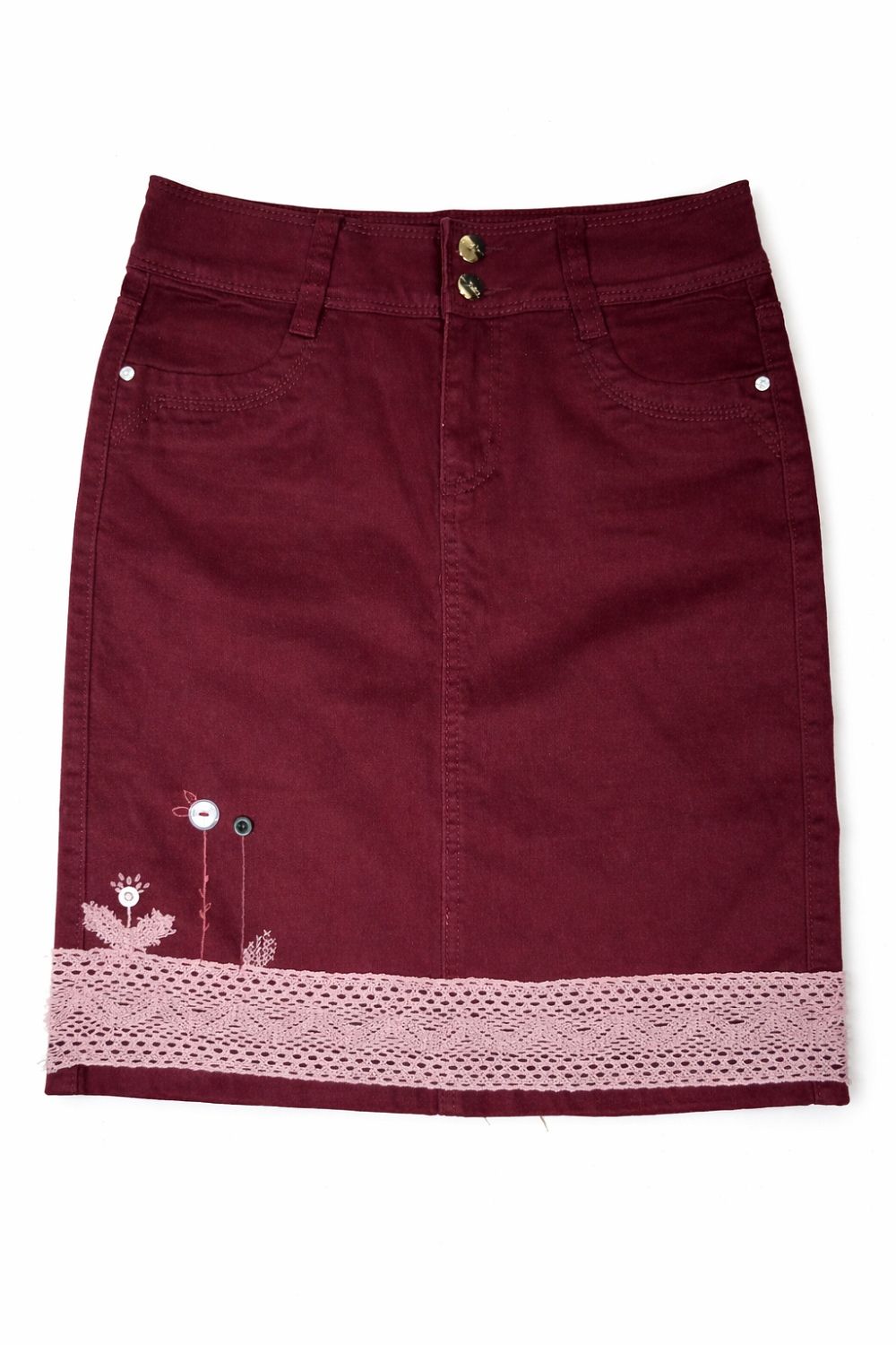 Fustă Bordo Denim cu Broderie și Dantelă Roz – Femei, Mărime 28, Casual