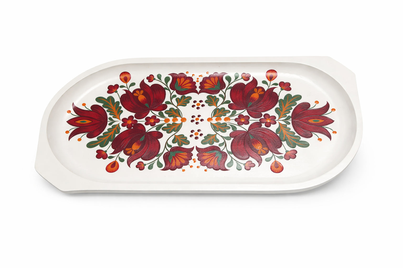 Tavă decorativă ovală din lemn albă cu motiv floral pictat manual