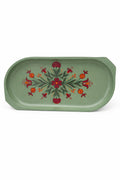 Tavă decorativă ovală din lemn verde cu motiv floral pictat manual