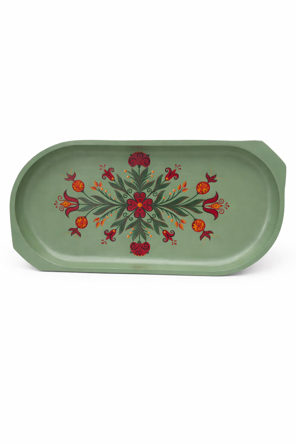 Tavă decorativă ovală din lemn verde cu motiv floral pictat manual