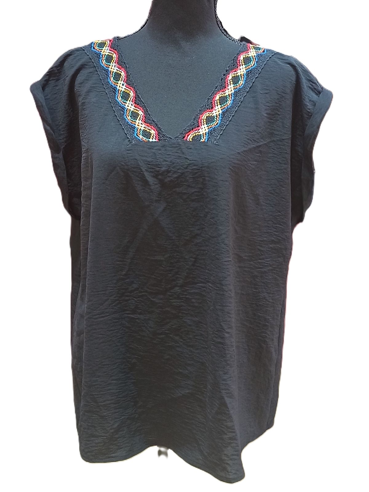 Bluză October Neagră cu Broderie Multicoloră și Decolteu V – Mărime M Femei | Second Hand
