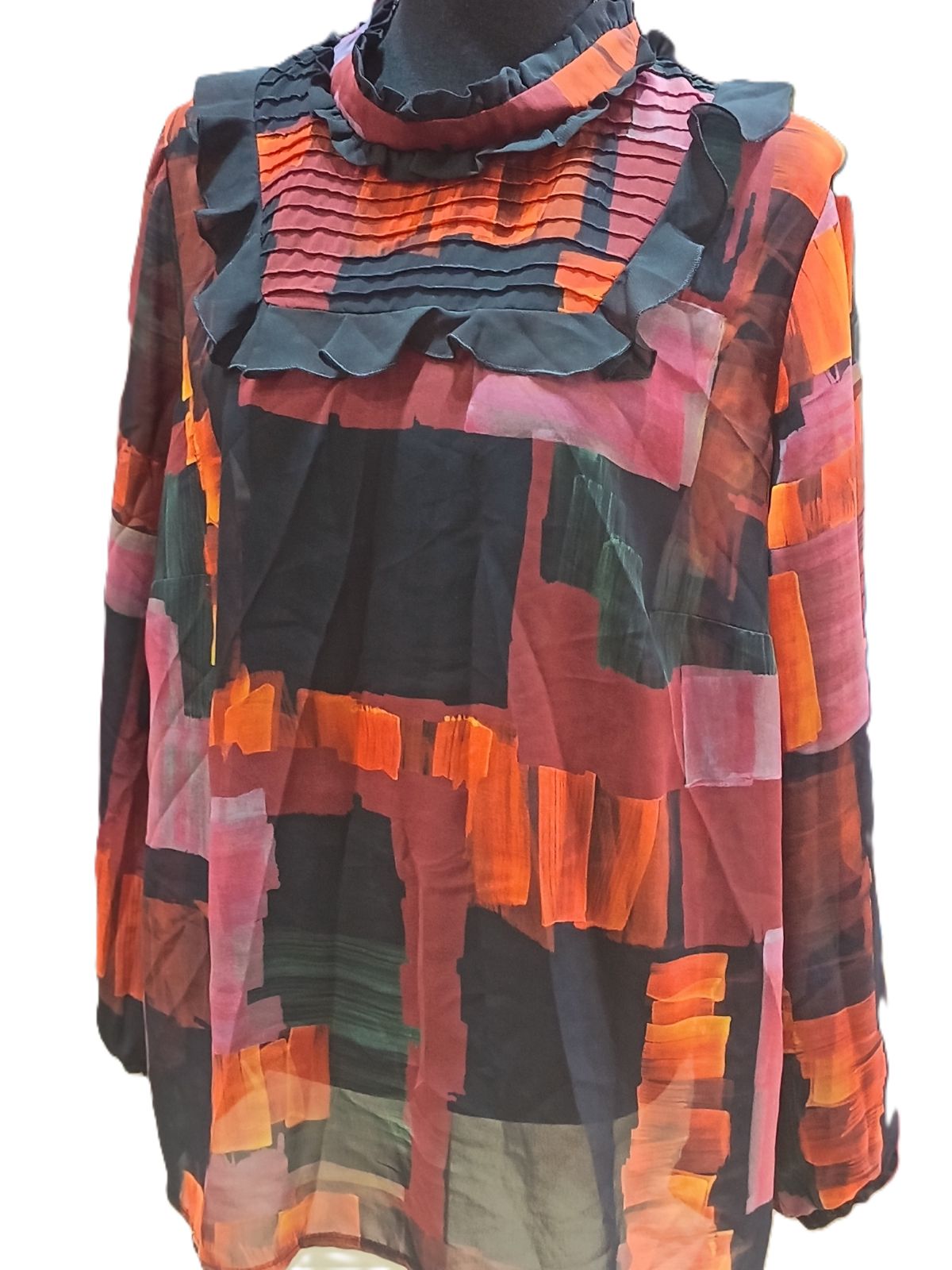 Bluză Margo Multicoloră cu Imprimeu Abstract și Volane – Mărime L Femei | Second Hand
