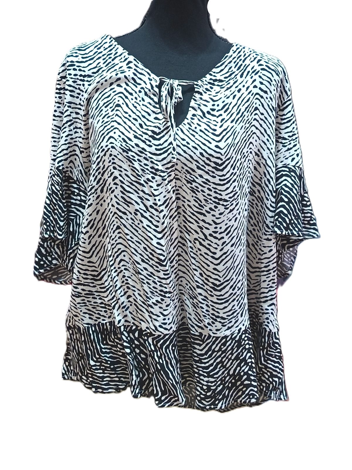 Bluză OVS Alb-Negru cu Animal Print și Mâneci Scurte – Mărime L Femei | Second Hand