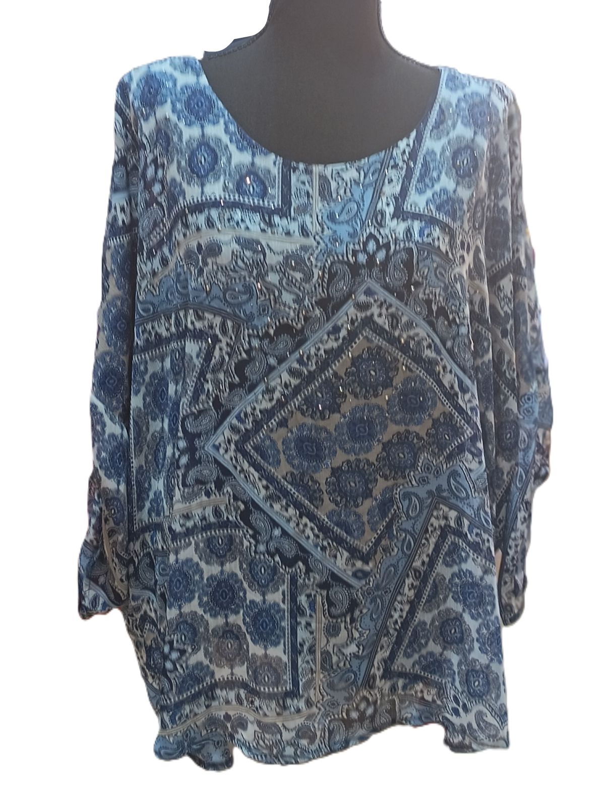 Bluză Albastră cu Imprimeu Paisley și Mâneci Trei Sferturi – Mărime XL Femei | Second Hand