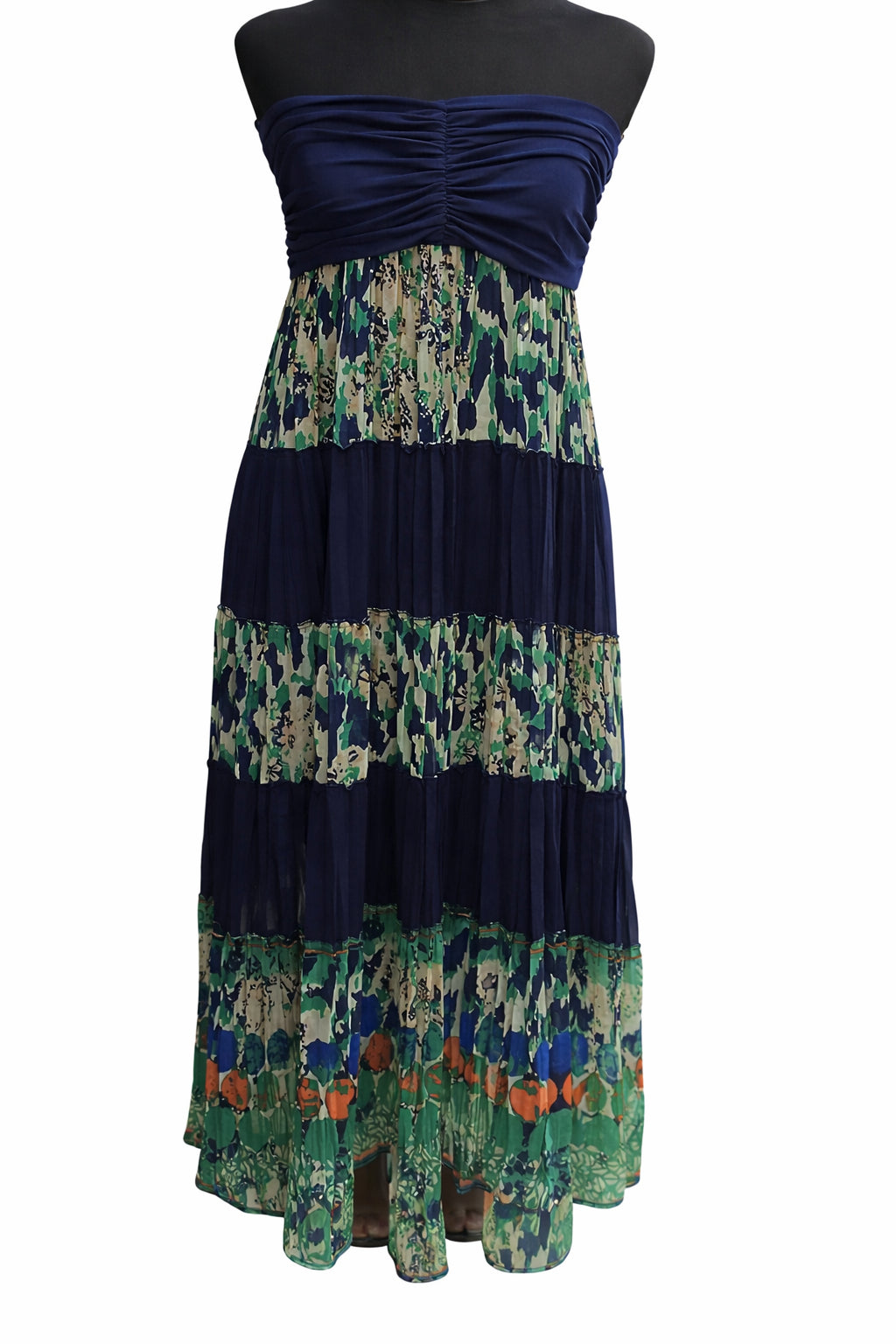Rochie Maxi Fără Bretele Bandeau Bleumarin cu Imprimeu Floral – Mărime L Femei | Second Hand