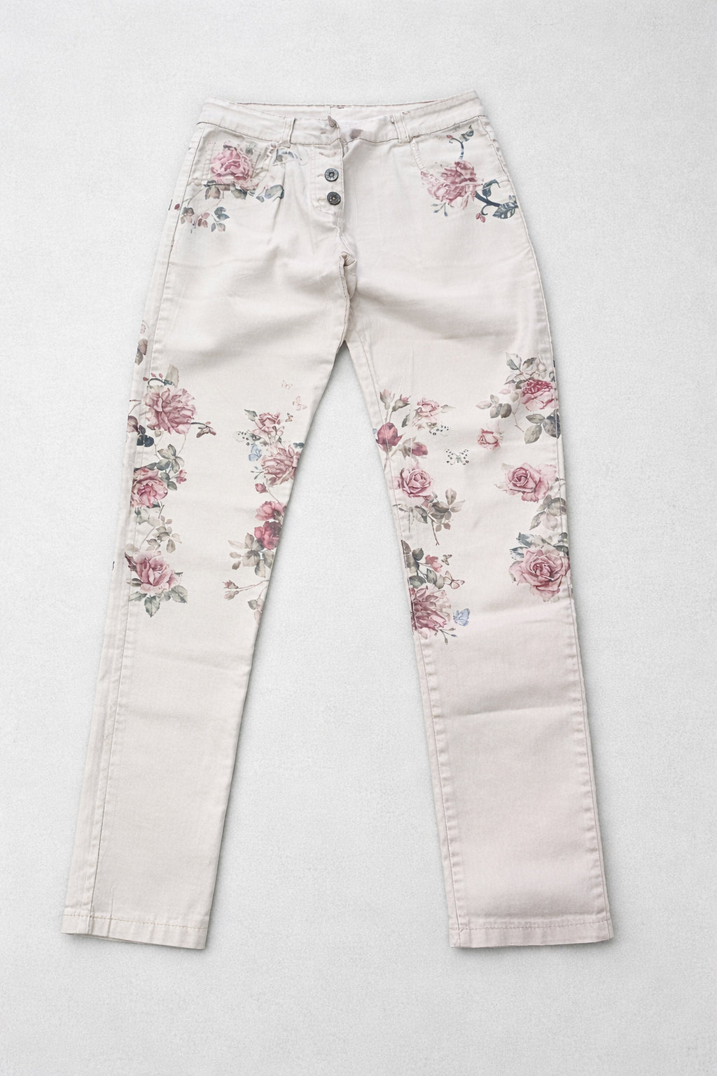 Pantaloni Damă Crem cu Imprimeu Floral – Material Lejer Mărime M Femei | Second Hand