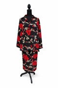 Set pentru femei, două piese (bluză și fustă) negru cu imprimeu floral roșu