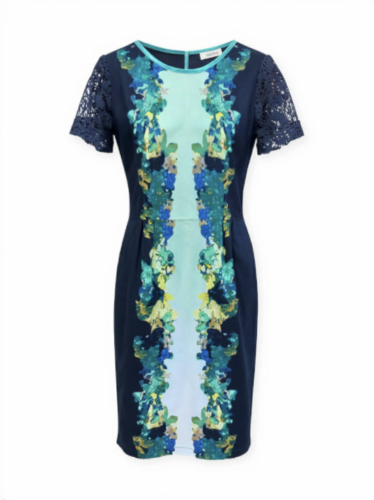 Rochie Roxana pentru femei, bleumarin cu imprimeu abstract în nuanțe de verde și albastru