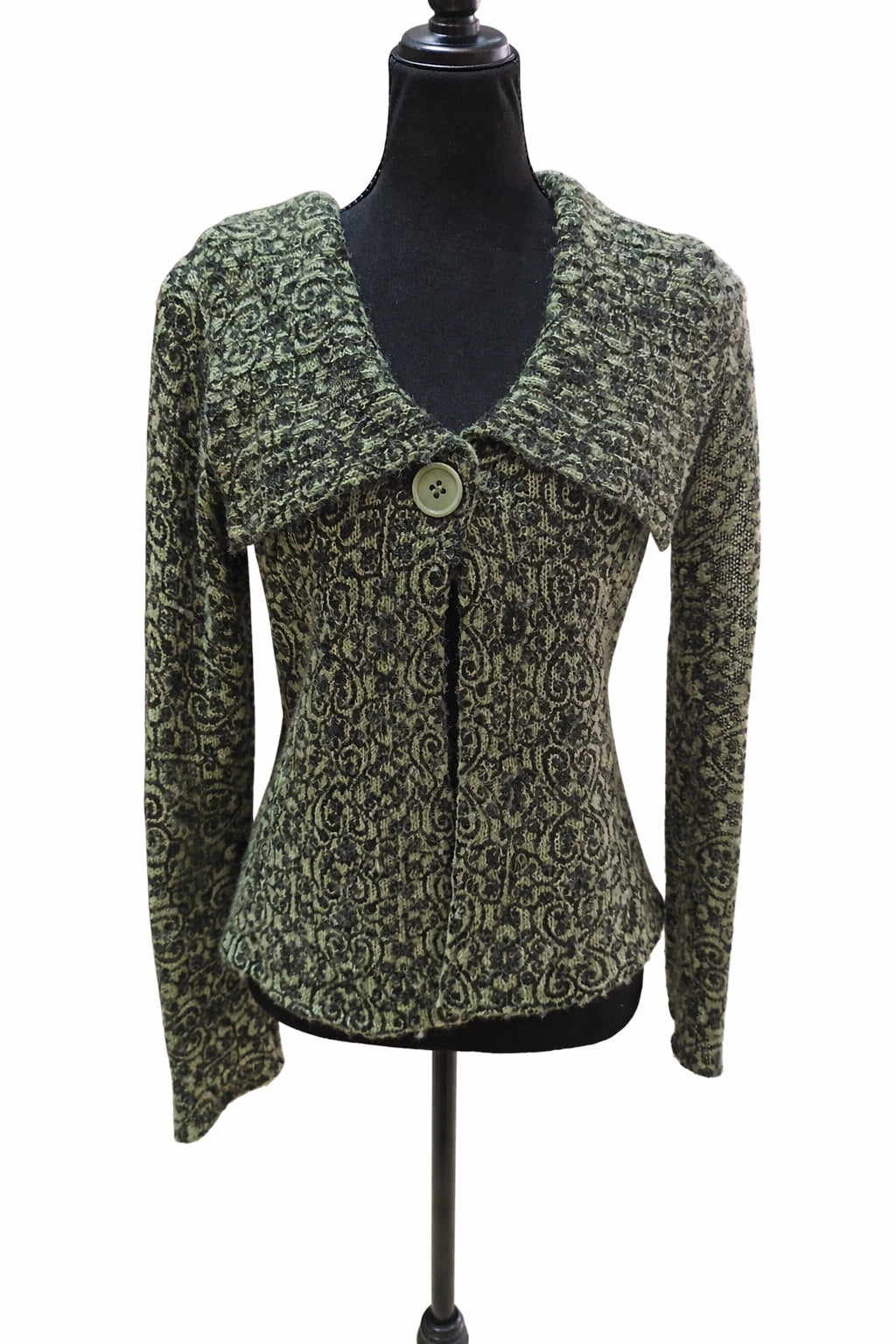 Cardigan Tricotat Verde-Negru cu Guler Amplu și Nasturi – Mărime M Femei | Second Hand
