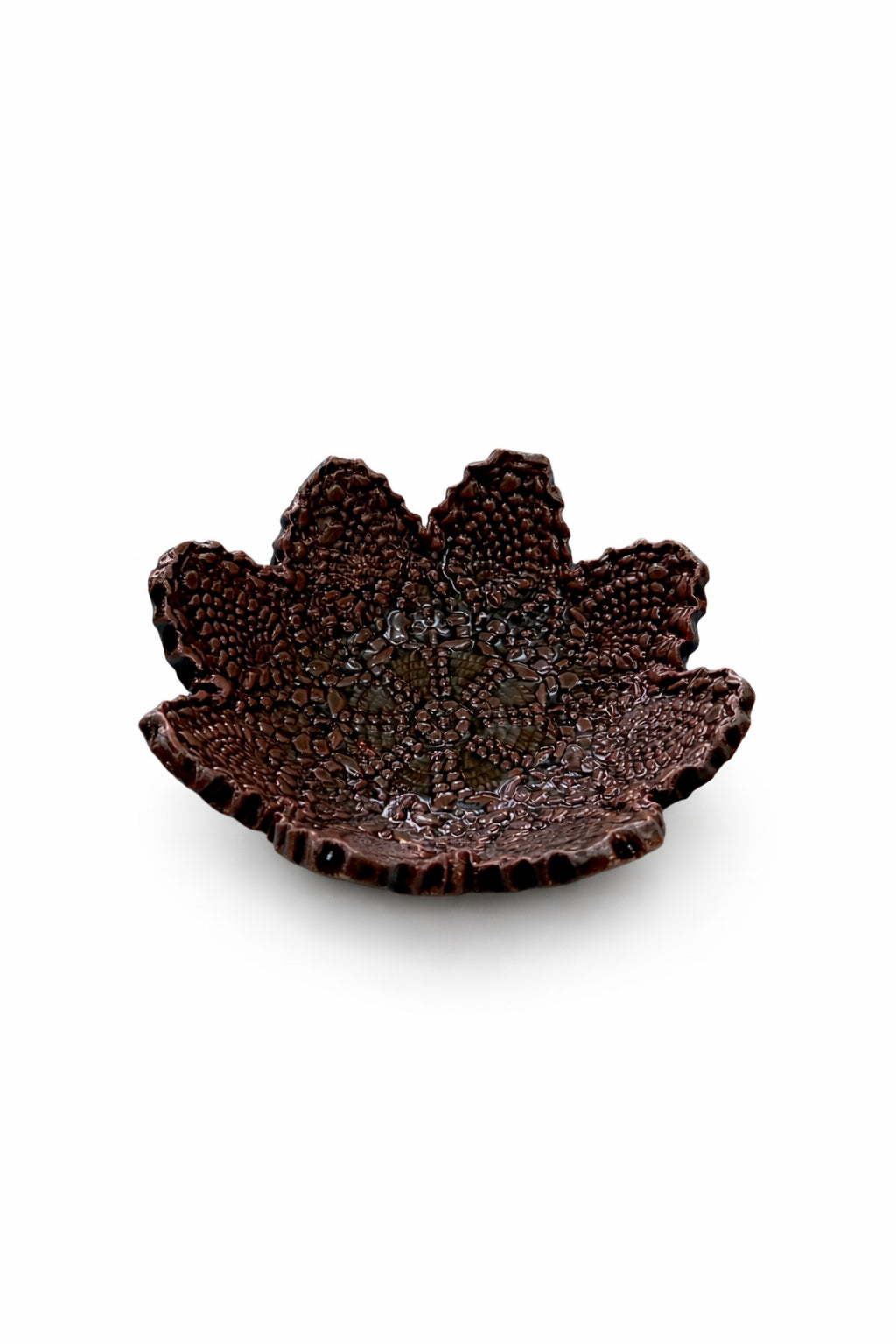 Suport lumânare, ceramic decorativ maro, model floral tip lotus