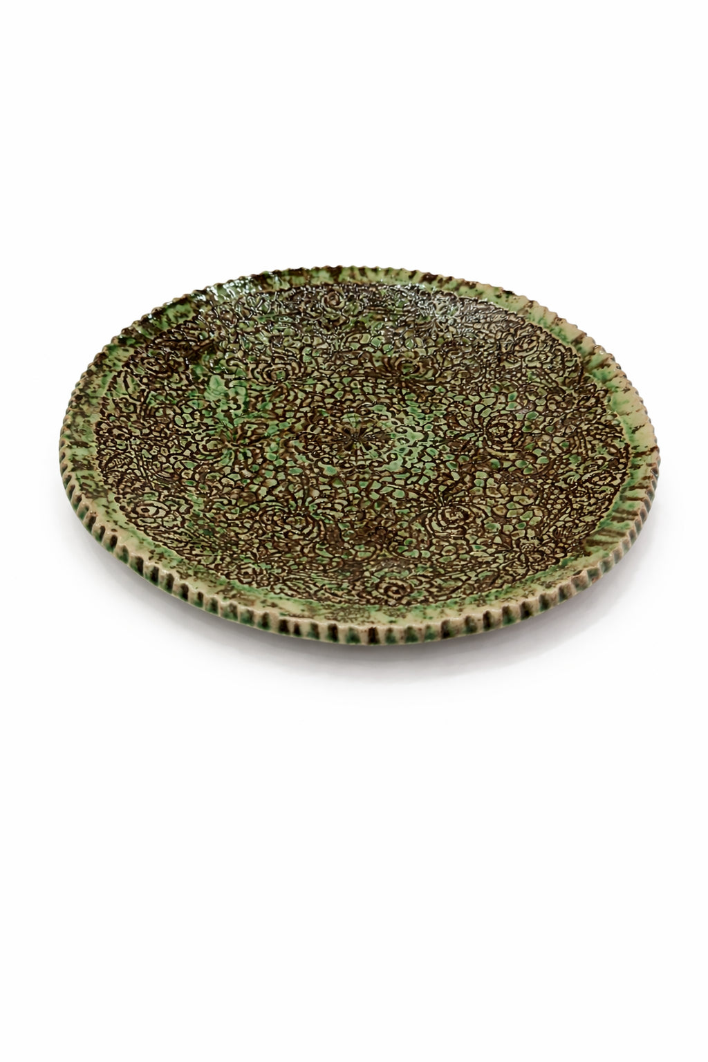 Tavă rotundă decorativă ceramică verde cu model texturat brun