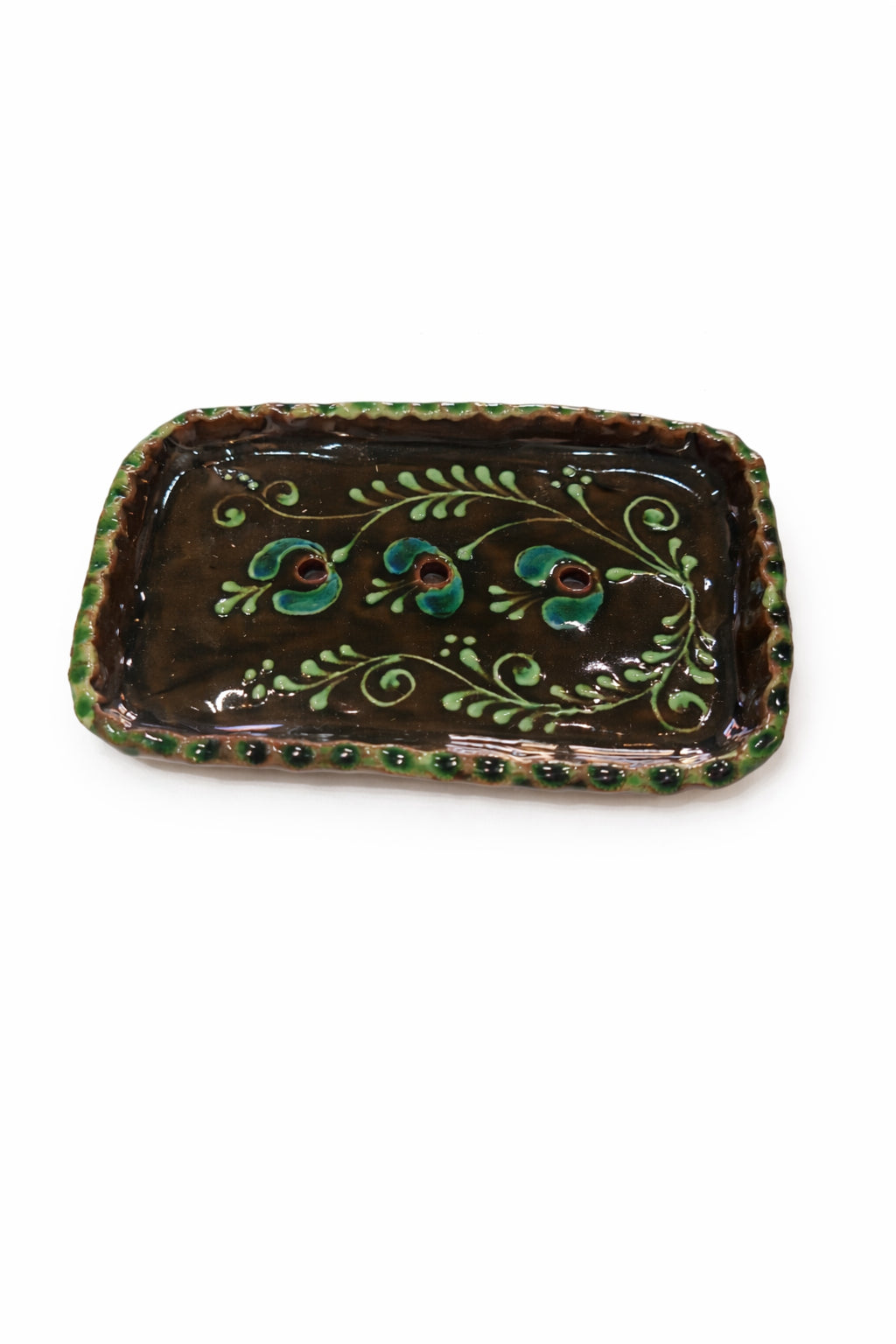 Săpunieră ceramică decorativă, glazurată în nuanțe de maro și verde
