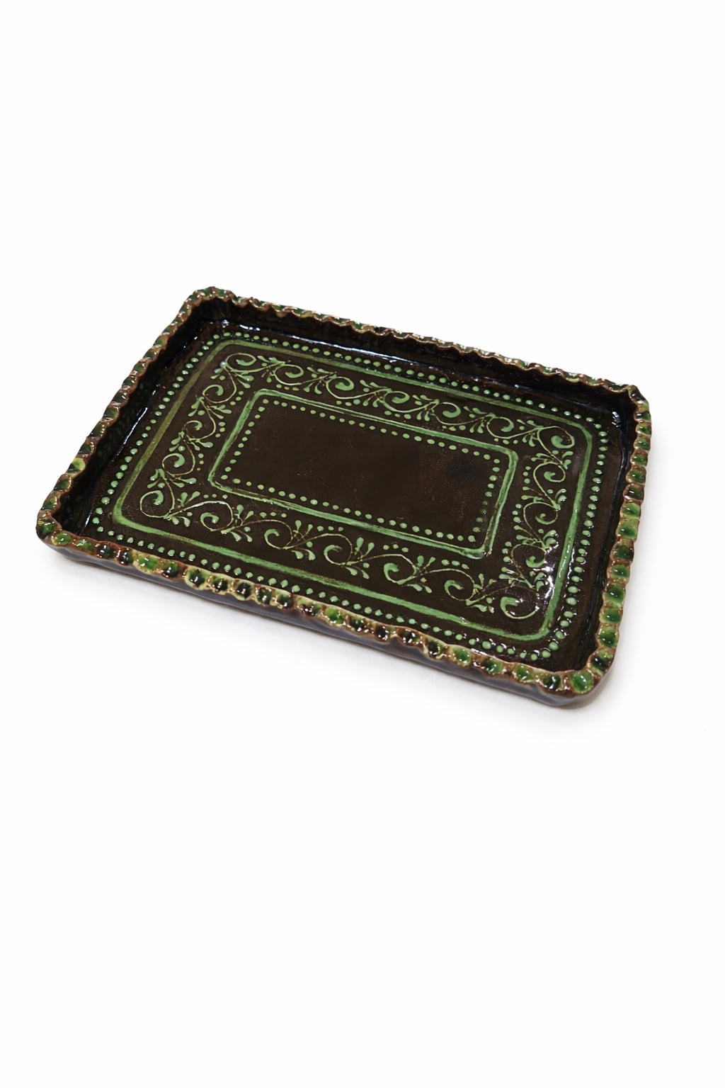 Tavă mică decorativă ceramică maro cu motive verzi