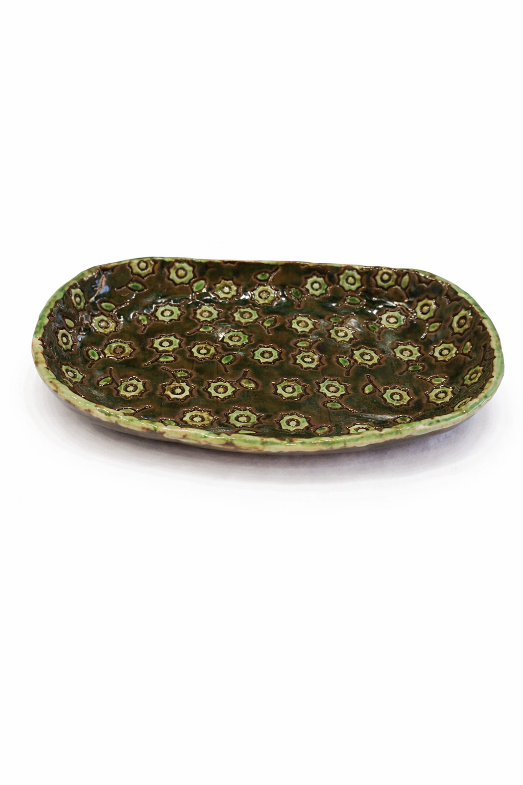Tavă ceramică decorativă verde, formă ovală