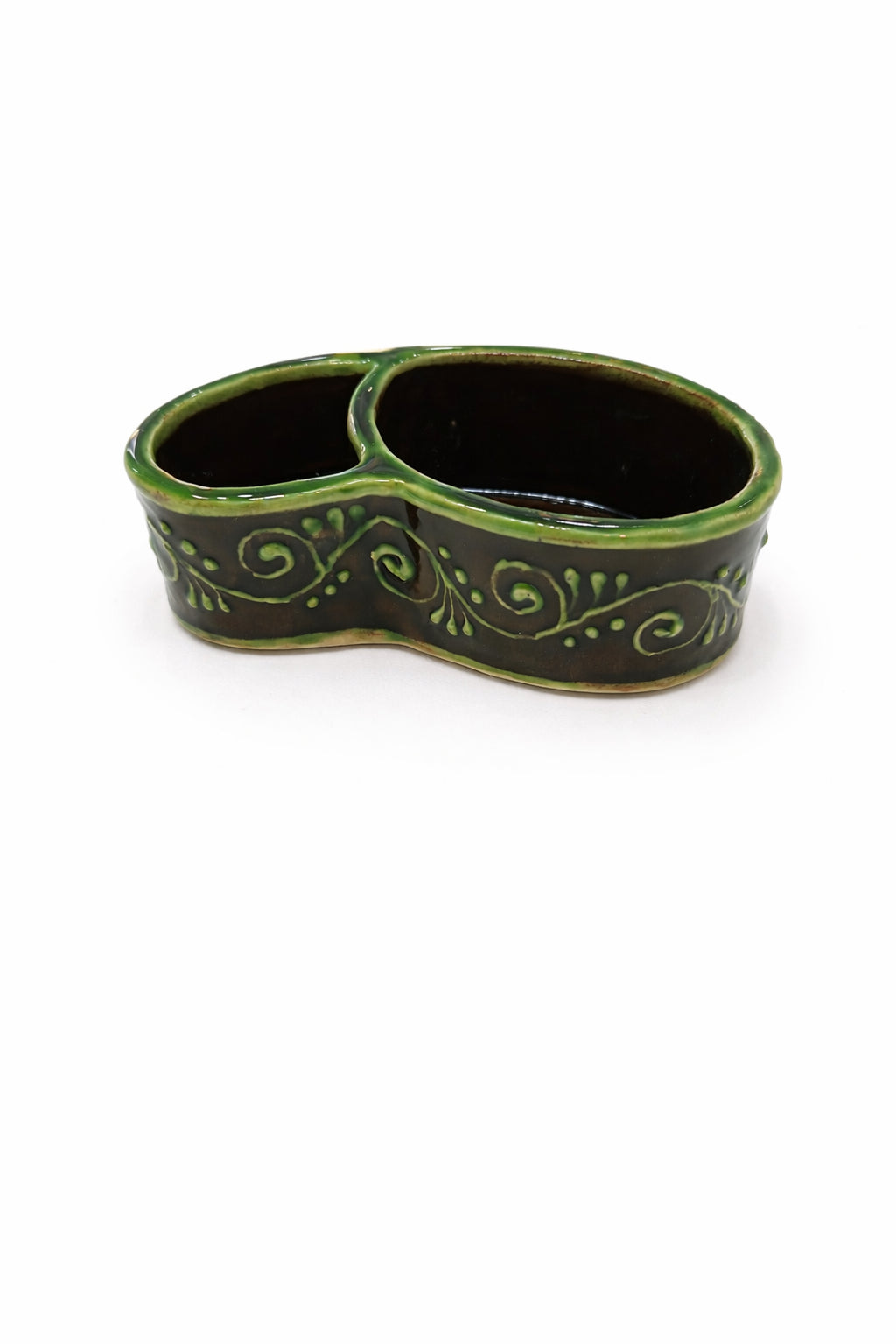 Solniță ceramică dublă verde, realizat din ceramică smălțuită