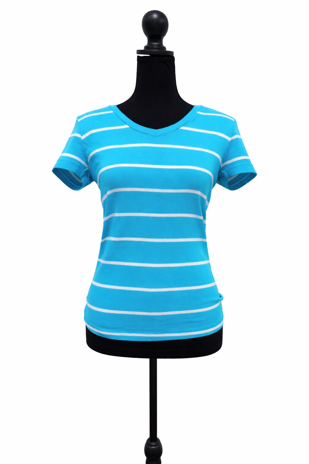 Tricou de damă albastru turcoaz cu dungi albe, mărime S