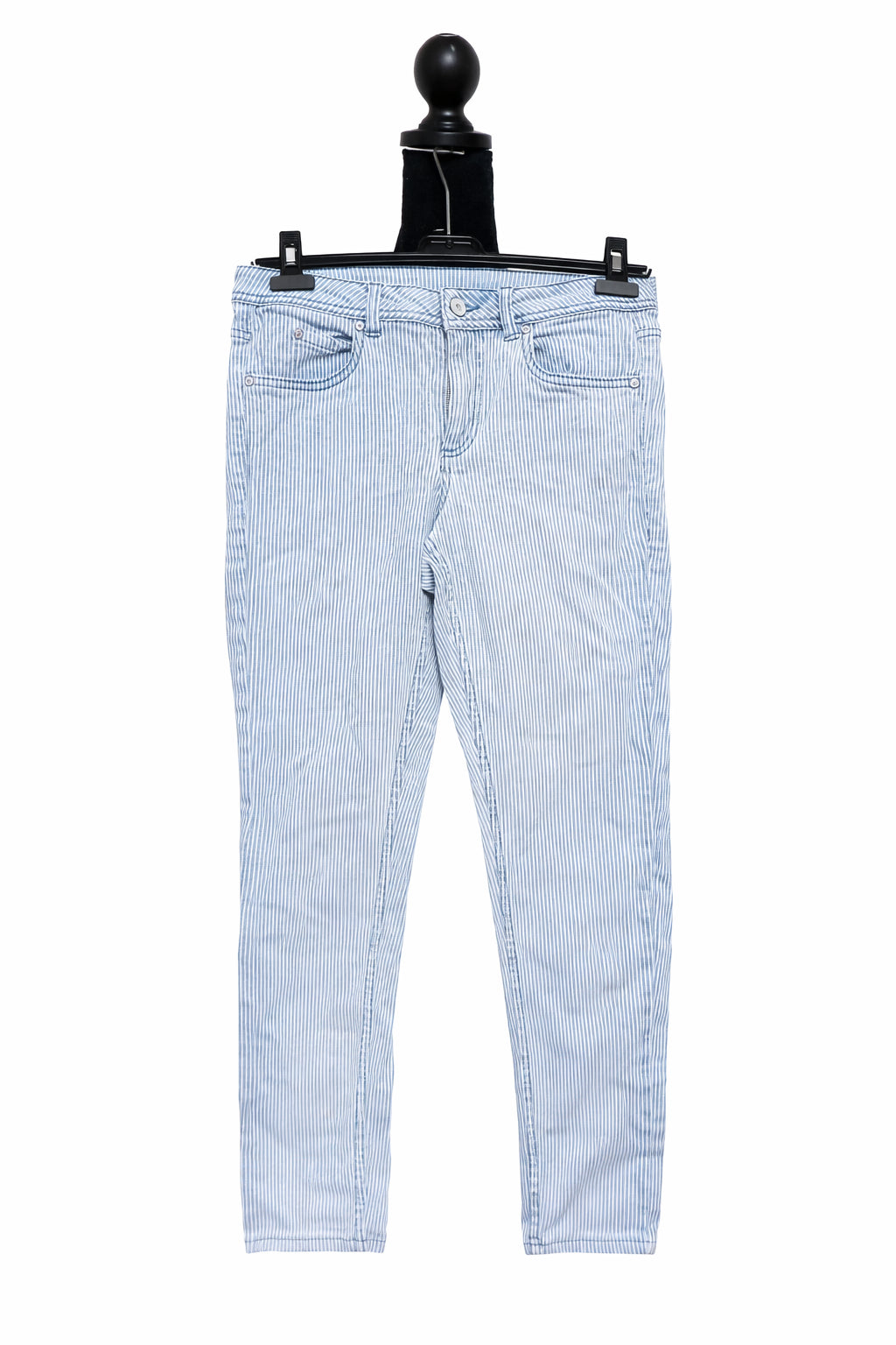 Pantaloni Women din bumbac cu dungi fine alb-albastru, mărime 38