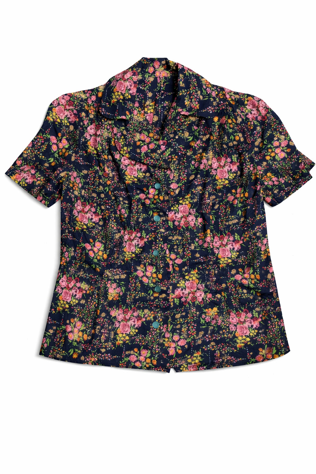 Bluză, damă, ESTI, imprimeu floral multicolor pe fond bleumarin și închidere cu nasturi