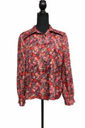 Cămașă penru femei cu mânecă lungă, M, imprimeu floral multicolor pe fundal burgundy