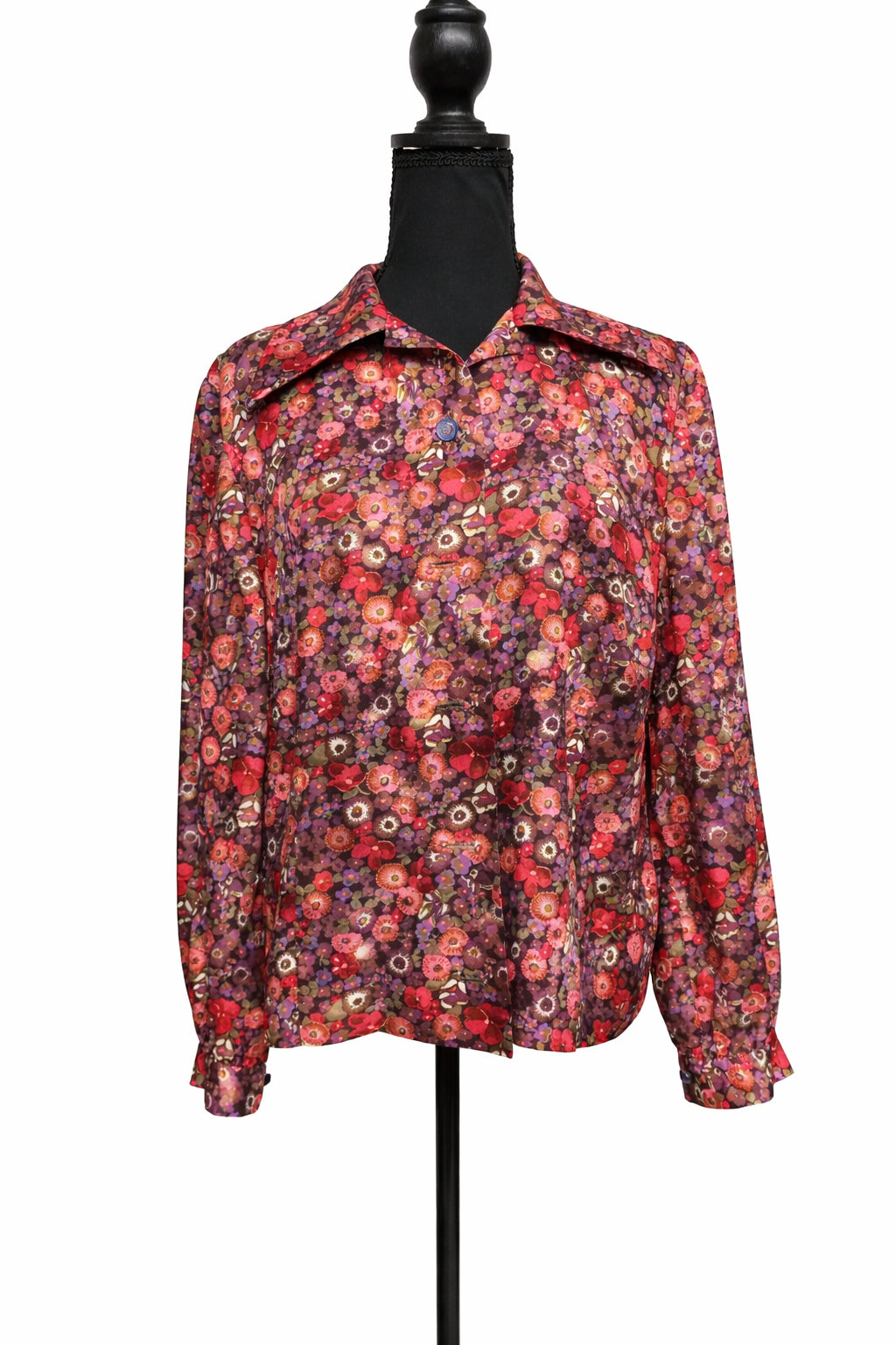 Cămașă penru femei cu mânecă lungă, M, imprimeu floral multicolor pe fundal burgundy