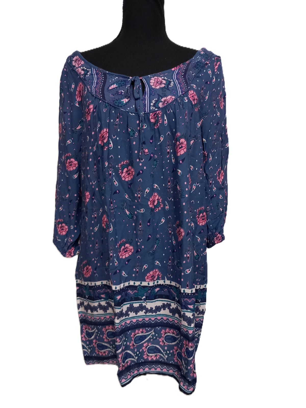 Rochie vaporoasă albastru petrol cu imprimeu floral roz și motive paisley, mărime 34