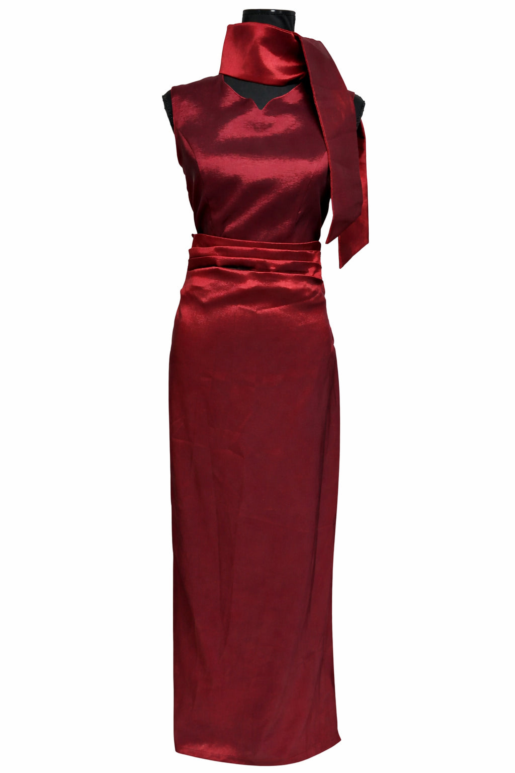 Rochie lungă elegantă bordo, mărime S, realizată din material satinat cu luciu discret