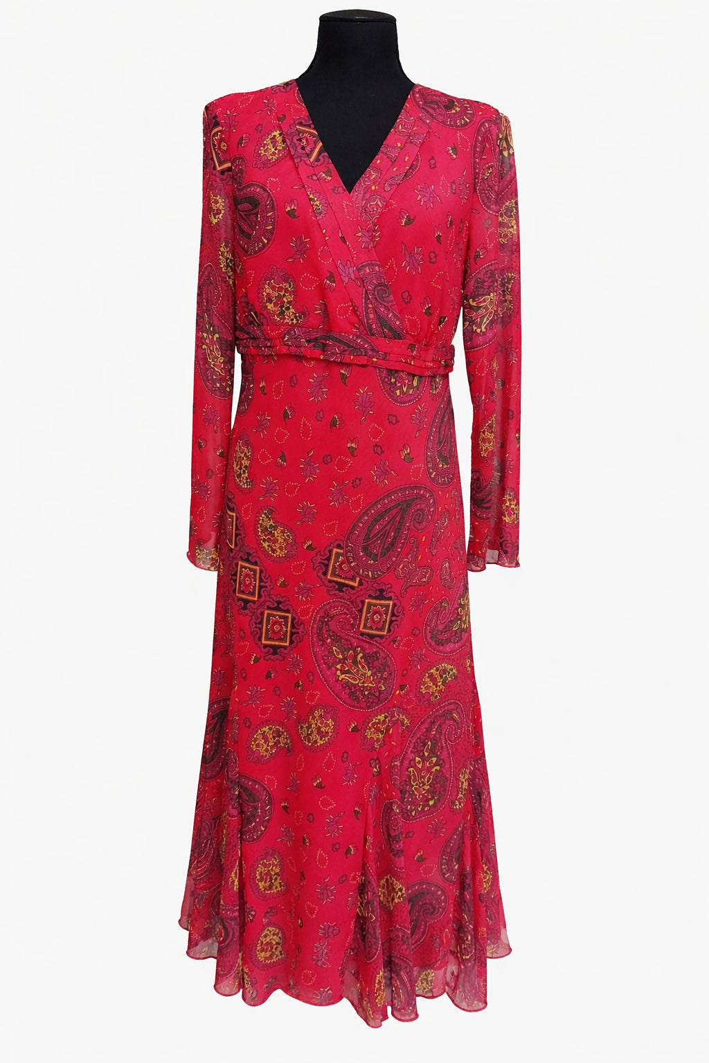 Rochie maxi roz intens cu imprimeu paisley, mărime M, realizată din material lejer, vaporos