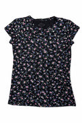 Tricou Clockhouse pentru femei, negru, mărime M, cu imprimeu floral delicat în nuanțe de roz, mov