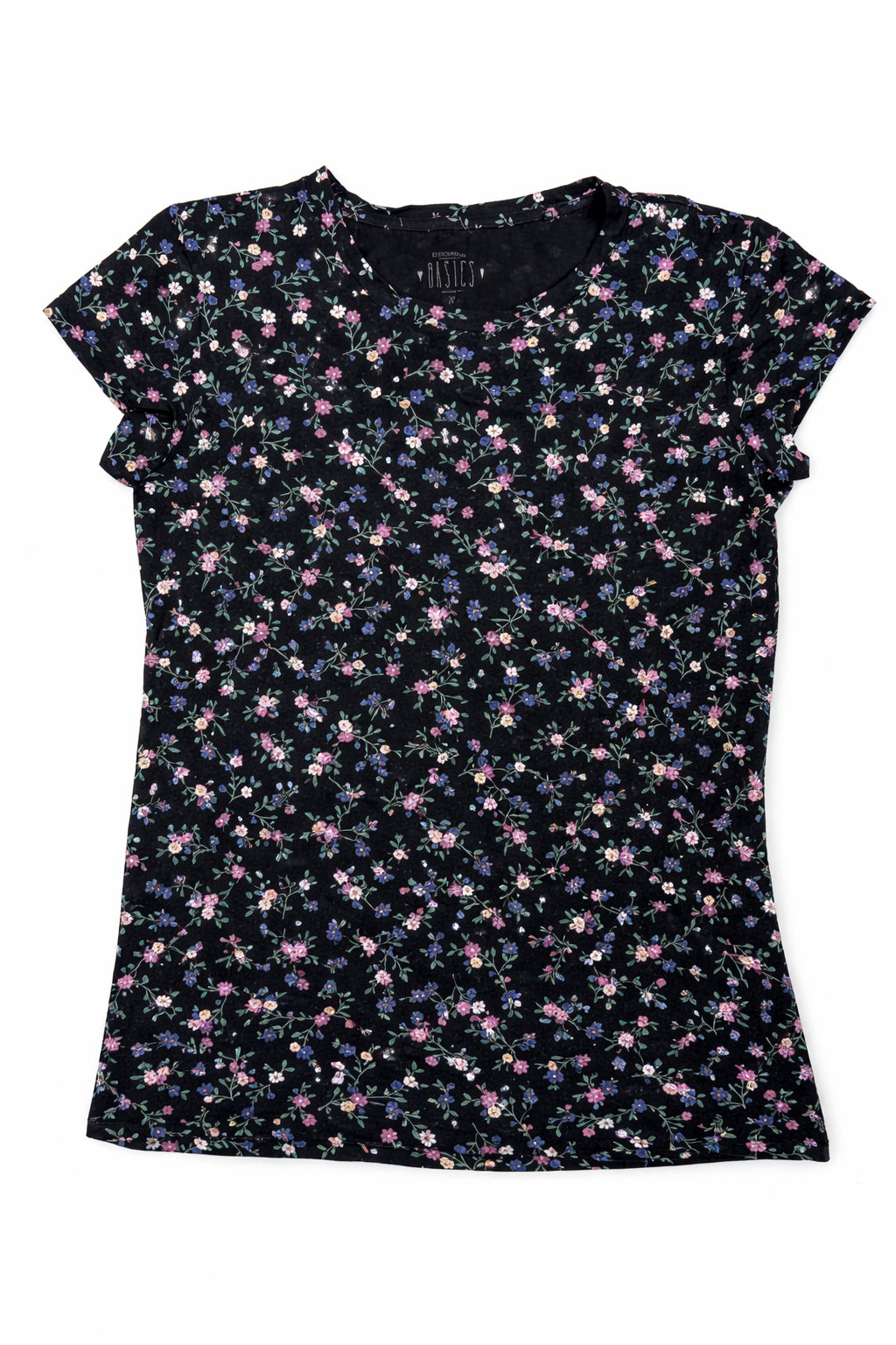 Tricou Clockhouse pentru femei, negru, mărime M, cu imprimeu floral delicat în nuanțe de roz, mov