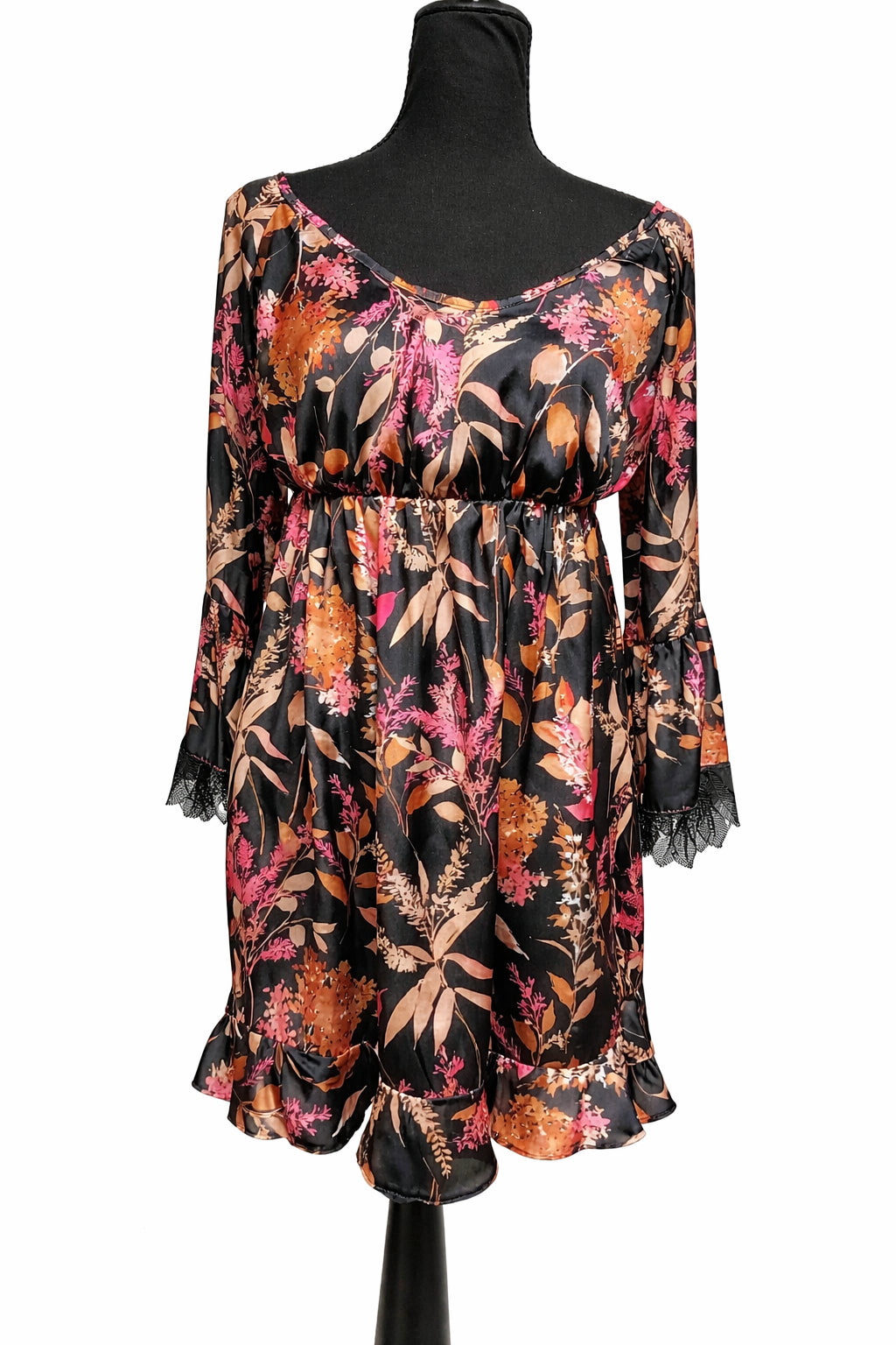 Rochie Setre, neagră cu imprimeu floral în nuanțe de roz, bej și cărămiziu