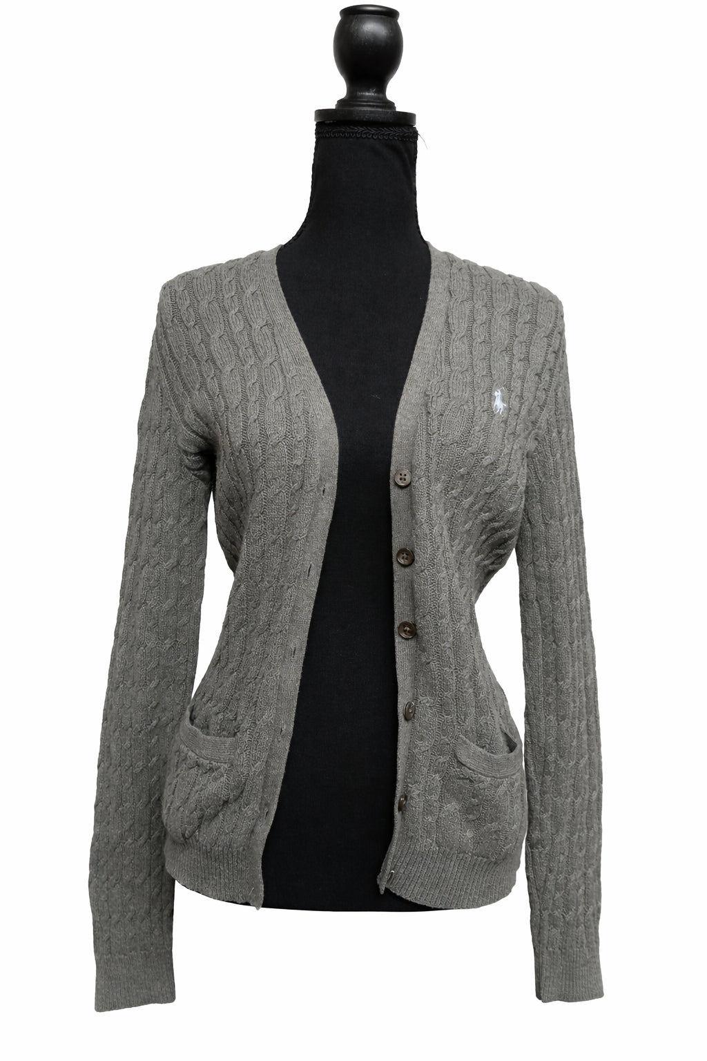 Cardigan gri Ralph Lauren, mărime L, cu închidere cu nasturi și decolteu în V