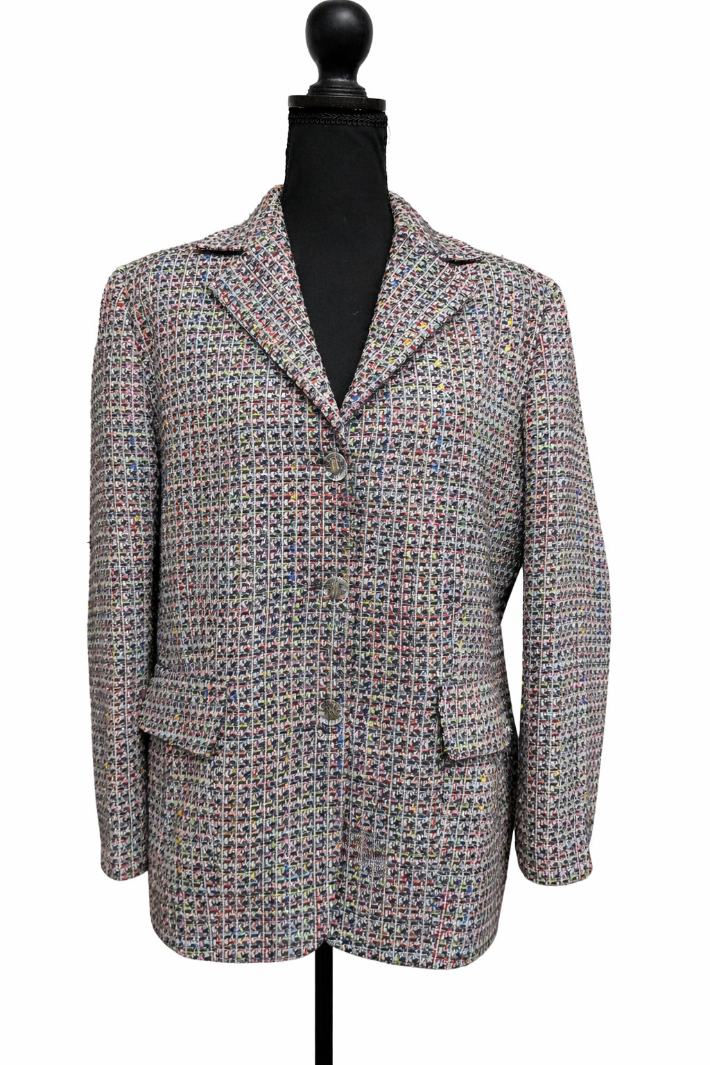 Sacou pentru femei, tip tweed multicolor, mărime M, cu închidere la trei nasturi și rever clasic