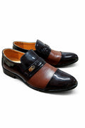 Pantofi eleganți bărbătești tip loafer, în combinație de culori negru lucios și maro, mărime 41