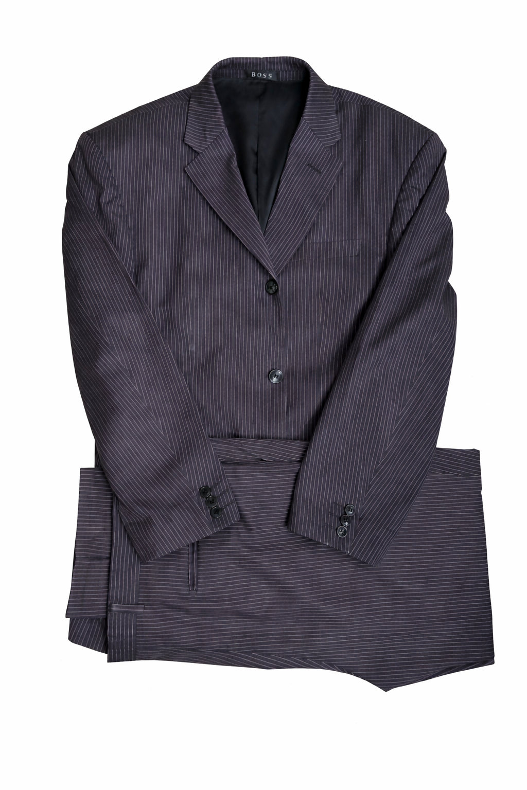 Costum BOSS pentru bărbați, mărime estimată 52, culoare gri închis cu dungi fine (pinstripe)
