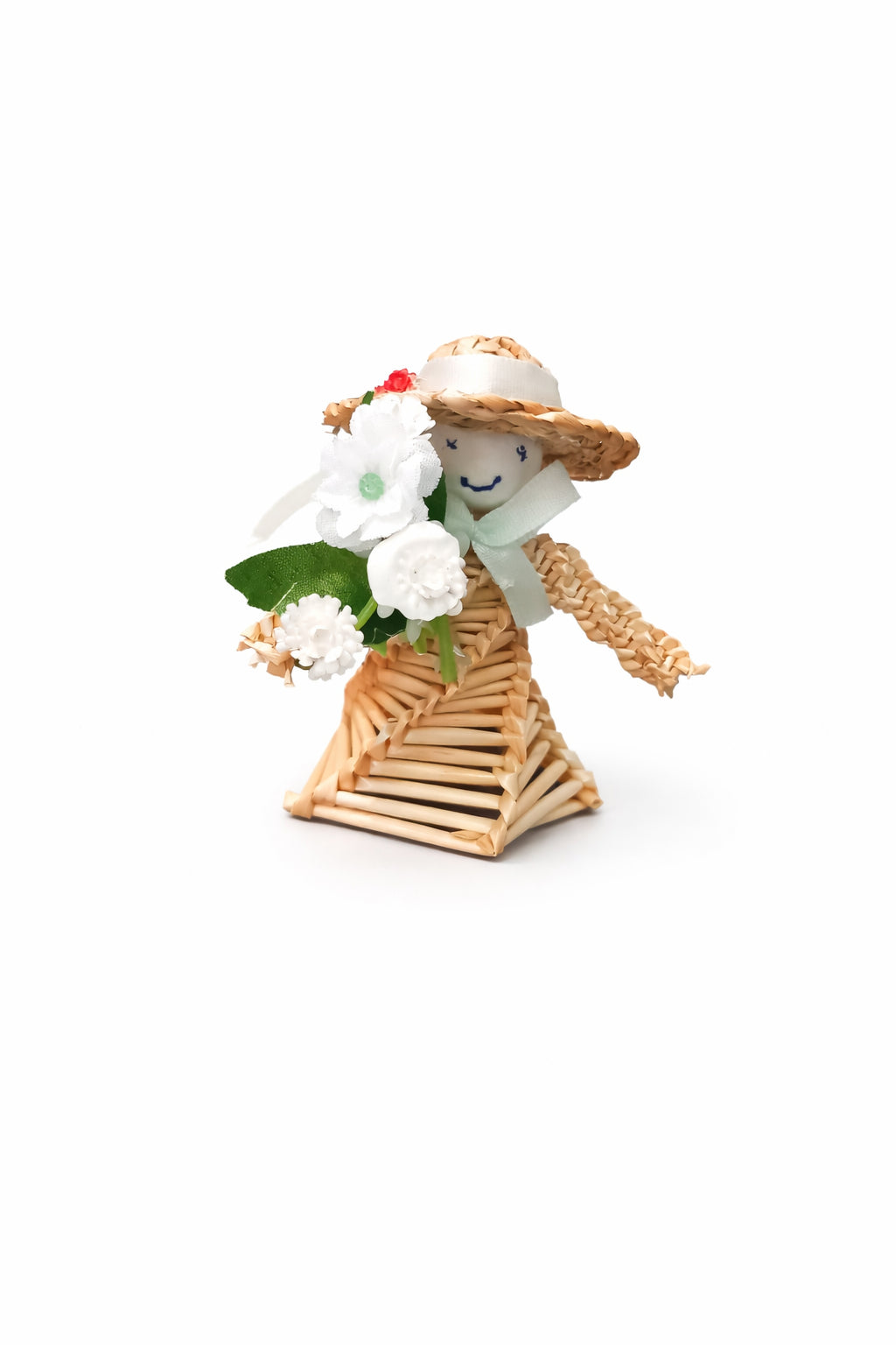 Figurină din Paie Handmade – Detalii Florale Albe, Pălărie, Decor Eco