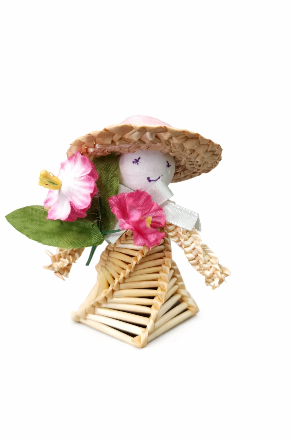 Figurină din Paie Handmade – Detalii Florale Roșii, Pălărie, Decor Eco