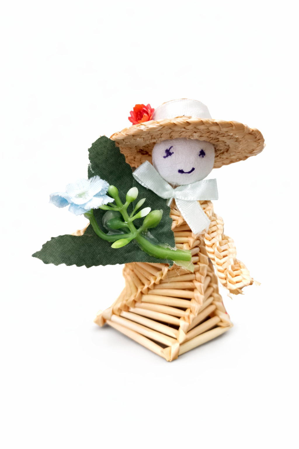 Figurină din Paie Handmade – Detalii Florale Albastre, Pălărie, Decor Eco