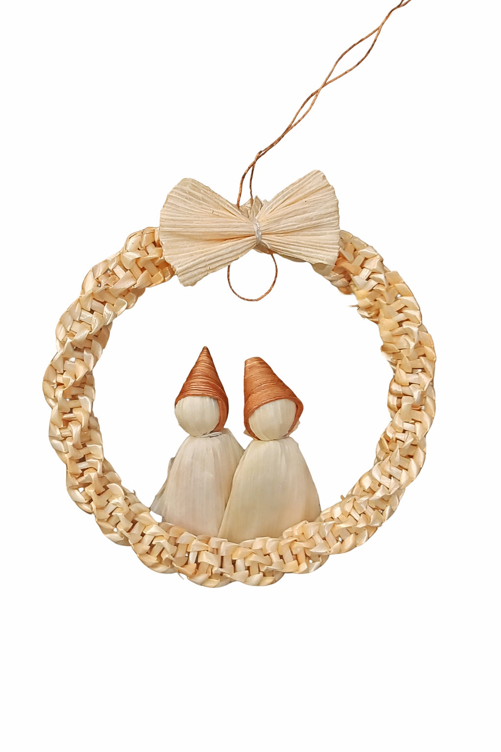 Ornament din Paie Cerc cu 2 Păpuși – Handmade, Decor Eco de Sărbători