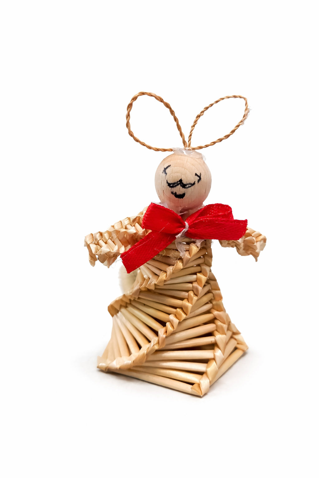 Figurină din Paie și Lemn Handmade – Fundiță Roșie, Decor Eco Rustic