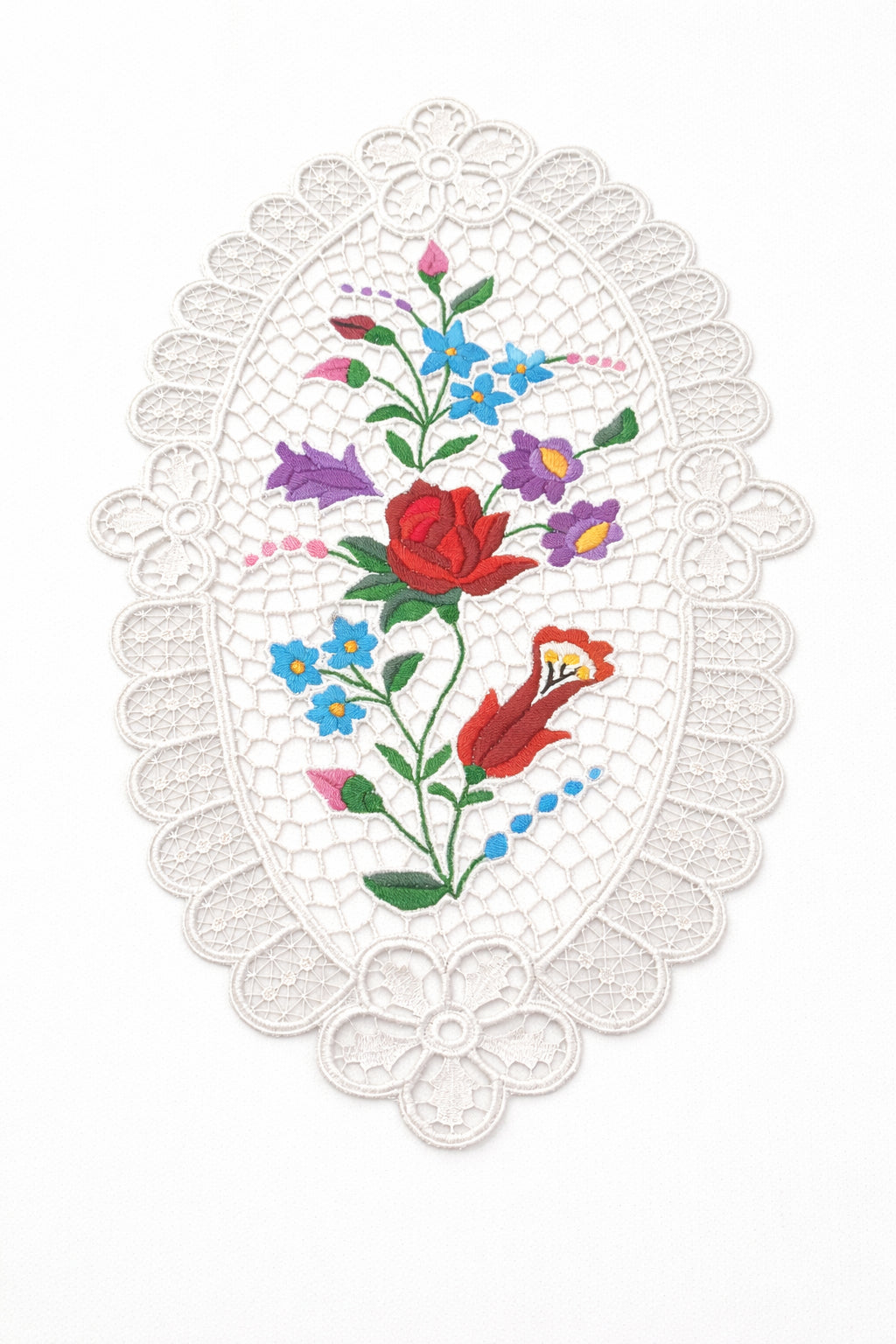 Dantelă Mileu Oval Albă – Broderie Florală Elegantă 39x25 cm