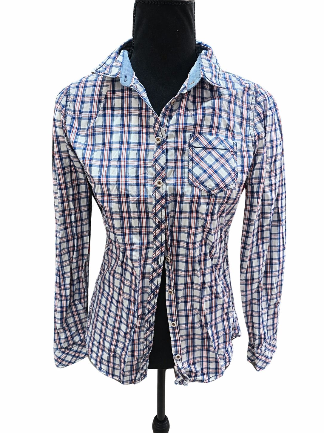 Cămașă damă Lee Cooper, tip casual în carouri alb-albastru-roșu