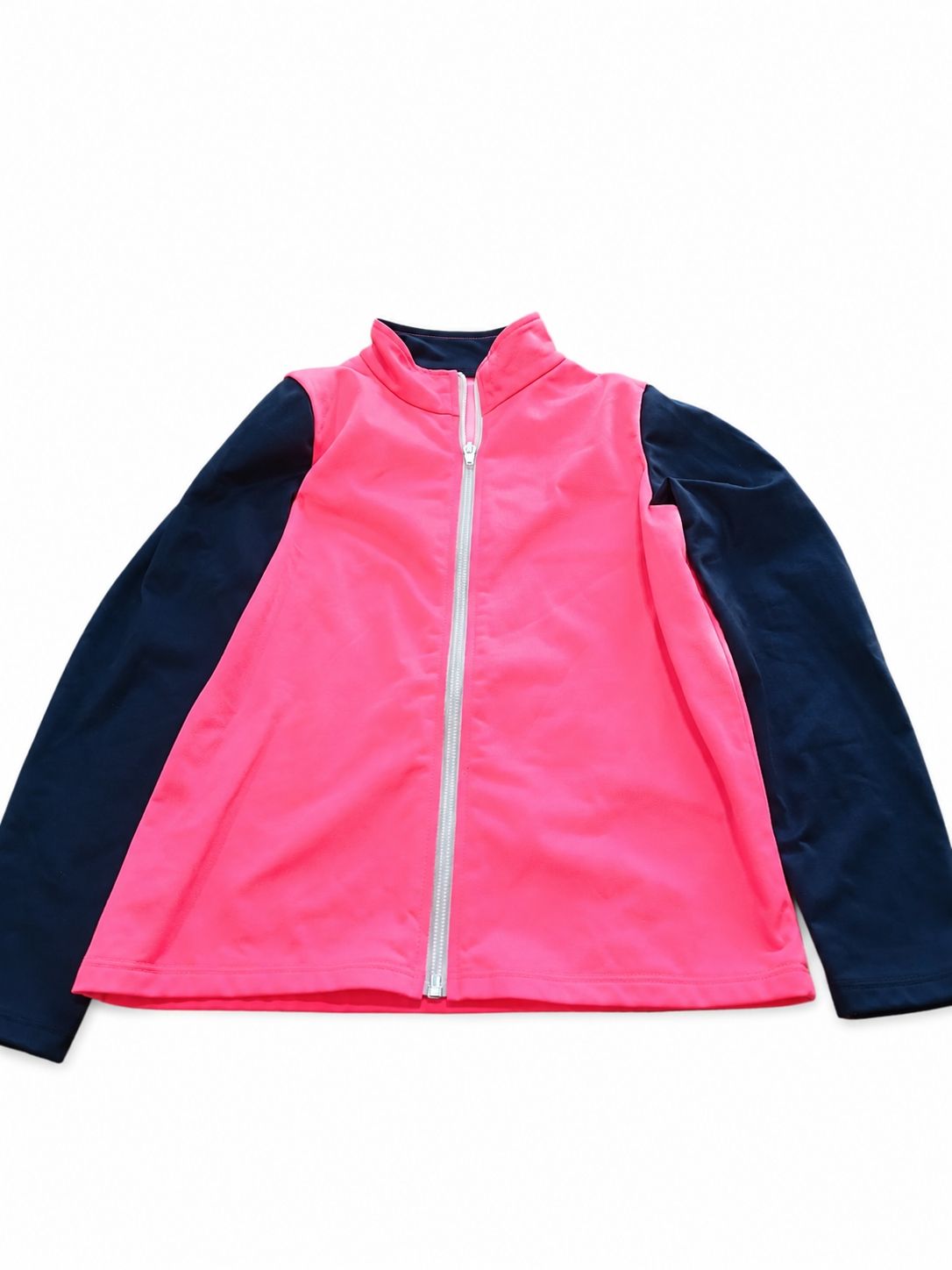 Hanorac cu fermoar sport Decathlon roz neon cu mâneci bleumarin, 125/132